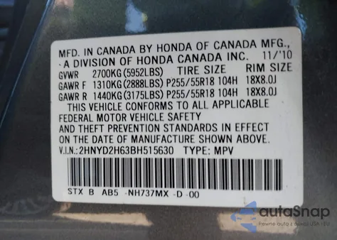 2011 Acura Mdx Technology Package from USA, damaged, VIN 2HNYD2H63BH515630